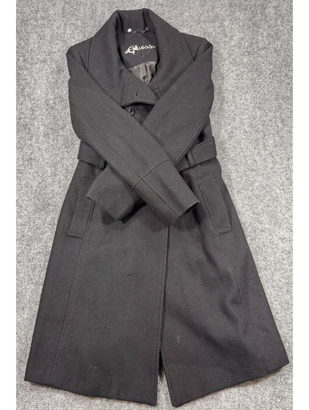 Guess Womens Coat Small Black Lined Double Breasted Belted Winter Trench Coat